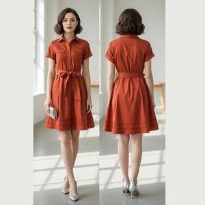 Banana Republic Red Orange Cuffed Button Down Vintage Inspired Dress